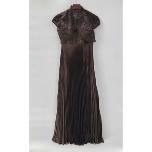 Badgley Mischka Evening Gown Dress Size 8 Brown Pleated Empire Waist Lace Bodice